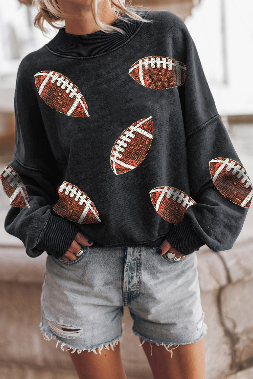 Black Rugby Print Drop Shoulder Crew Neck Sweatshirt Black 75%Polyester+25%Cotton Graphic Sweatshirts JT's Designer Fashion