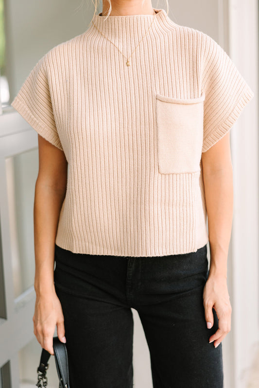 Oatmeal Patch Pocket Ribbed Knit Short Sleeve Sweater Sweaters & Cardigans JT's Designer Fashion