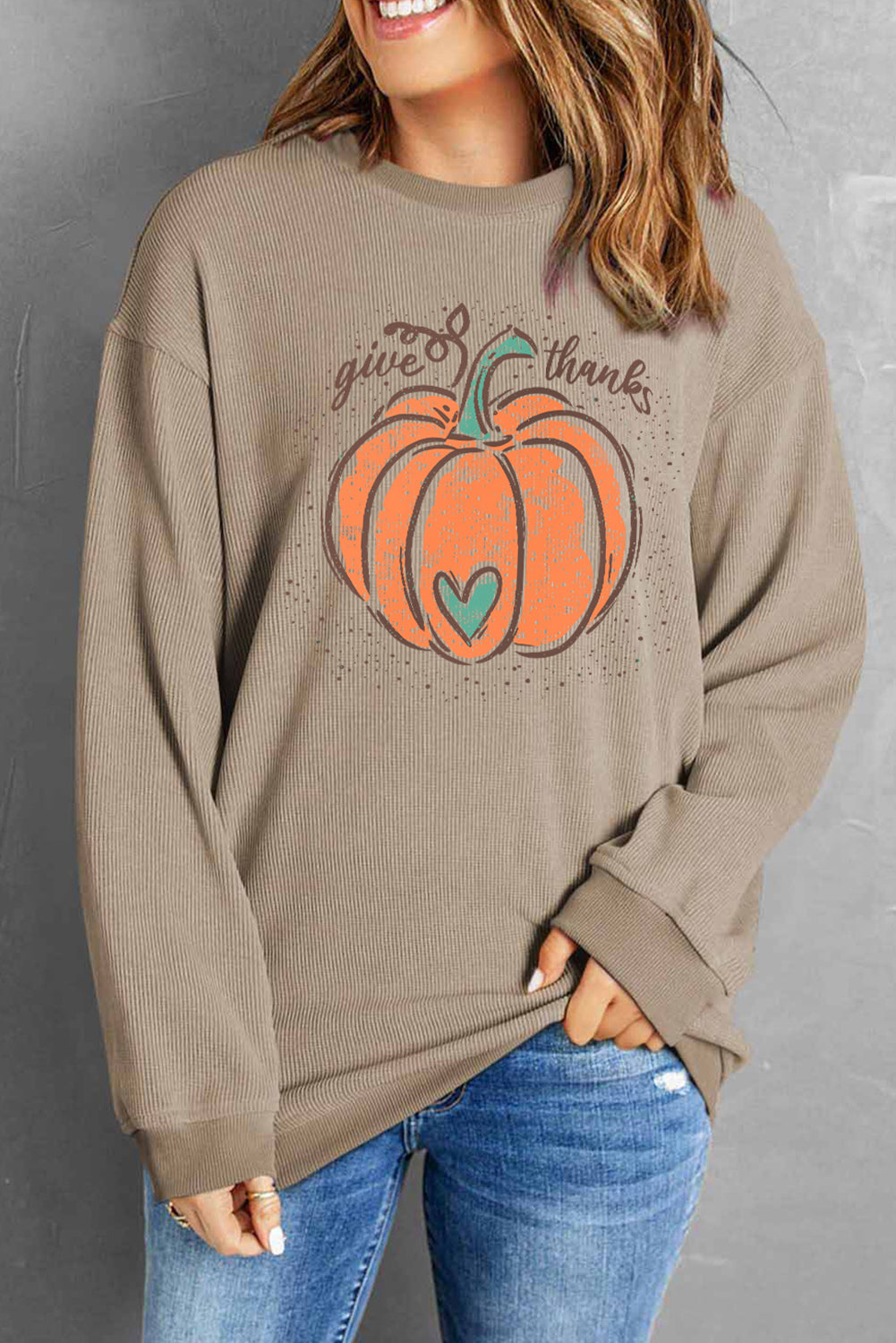 Khaki Give Thanks Pumpkin Graphic Corded Sweatshirt Graphic Sweatshirts JT's Designer Fashion