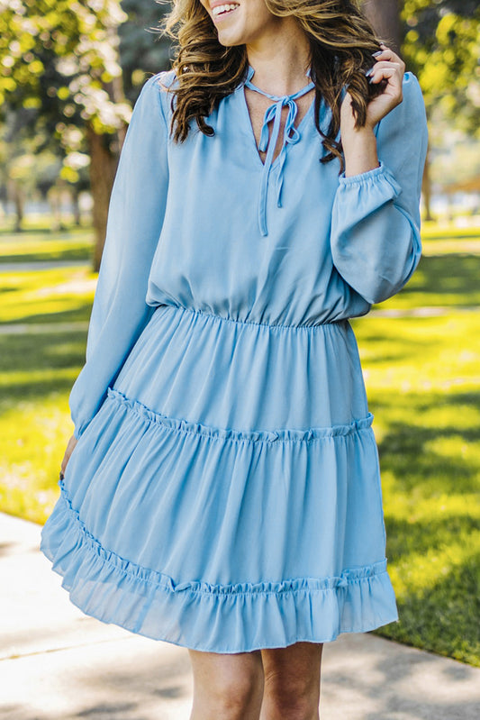 Light Blue V Neck Long Sleeve Ruffle Tiered Mini Dress Mini Dresses JT's Designer Fashion