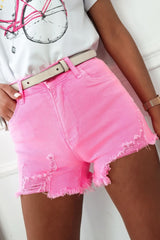 Rose Solid Color Distressed Denim Shorts Denim Shorts JT's Designer Fashion