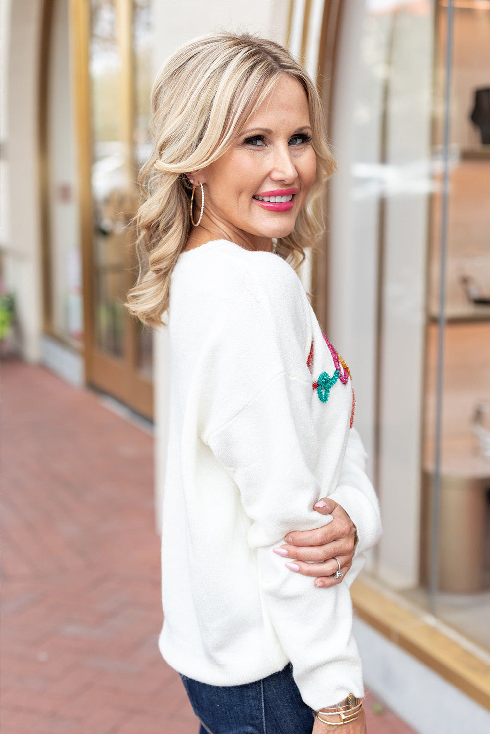 Bright White Holly Jolly Round Neck Casual Sweater Sweaters & Cardigans JT's Designer Fashion