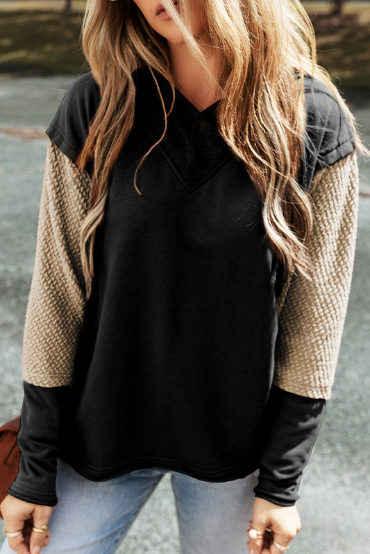 Black Contrast Splicing Sleeves Hooded Sweatshirt Sweatshirts & Hoodies JT's Designer Fashion