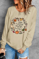 Khaki Fall Vibe Pumpkin Print Round Neck Sweatshirt Graphic Sweatshirts JT's Designer Fashion