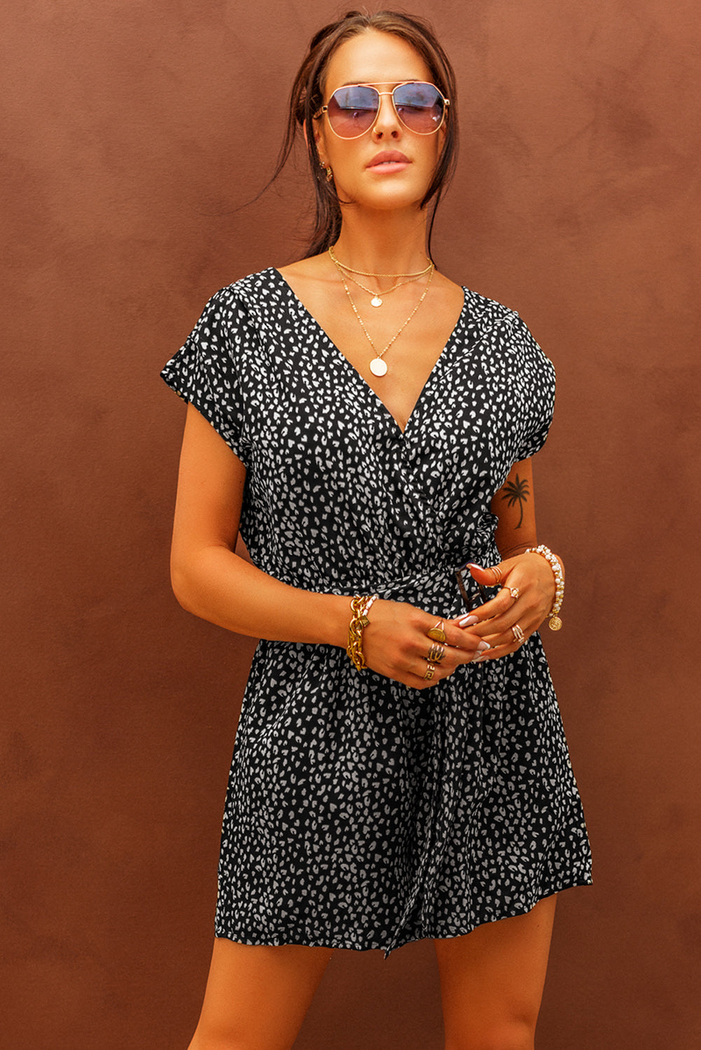 Black Leopard Print Belted V Neck Short Sleeve Romper Jumpsuits & Rompers JT's Designer Fashion