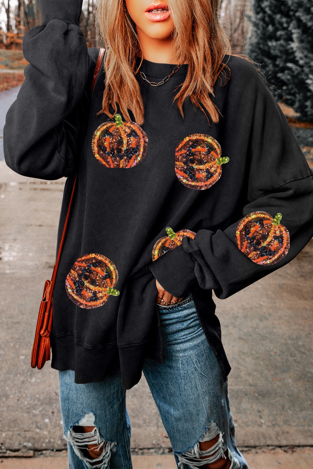 Black Sequined Jack O Lantern Split Hem Baggy Sweatshirt Graphic Sweatshirts JT's Designer Fashion