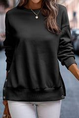 Black Button Split Sides Solid Color Sweatshirt Sweatshirts & Hoodies JT's Designer Fashion