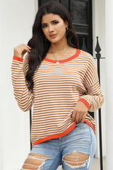 Brown Contrast Trimmed Striped Drop Shoulder Sweater Sweaters & Cardigans JT's Designer Fashion