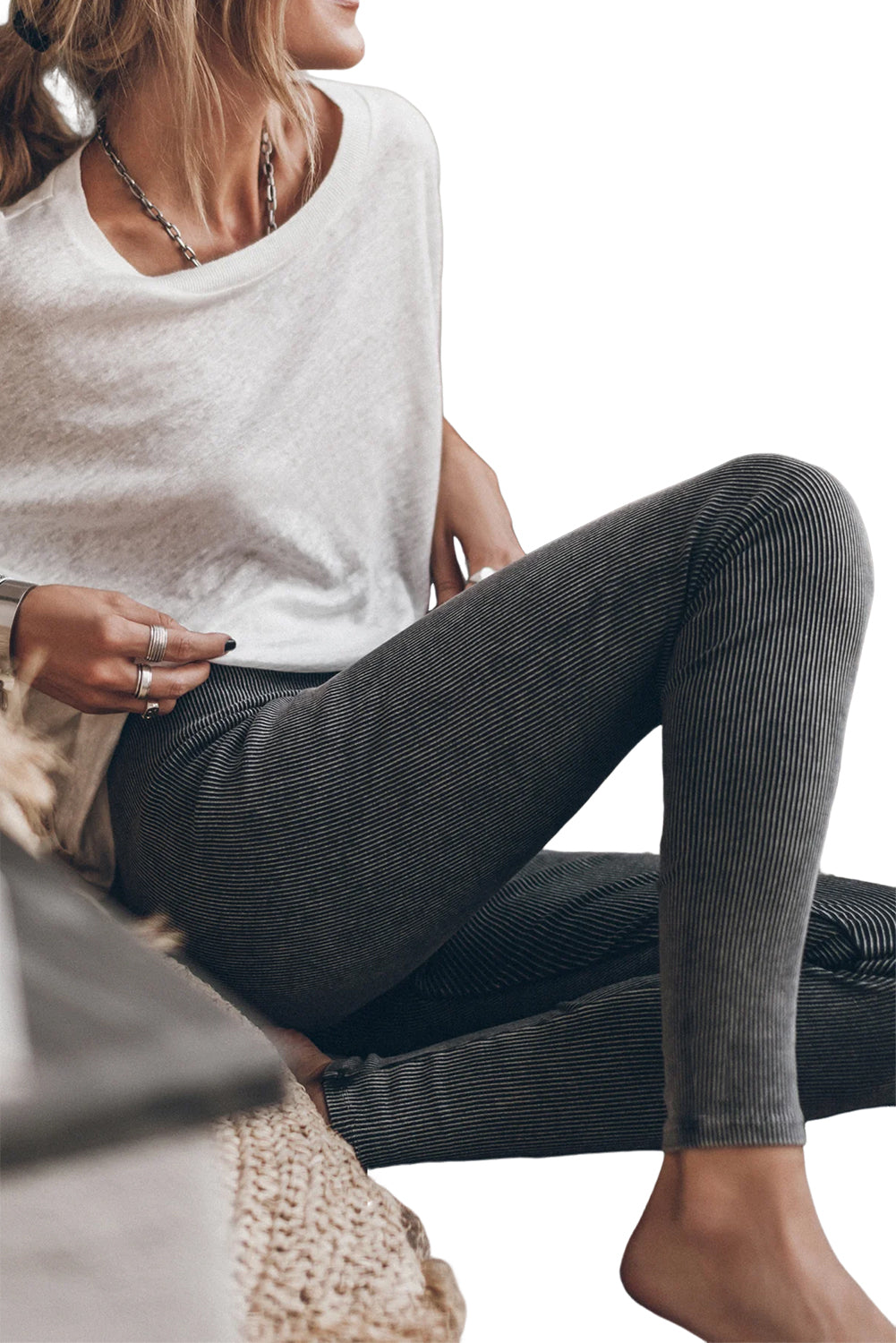 Dark Grey Vintage Wash Ribbed Leggings Bottoms JT's Designer Fashion
