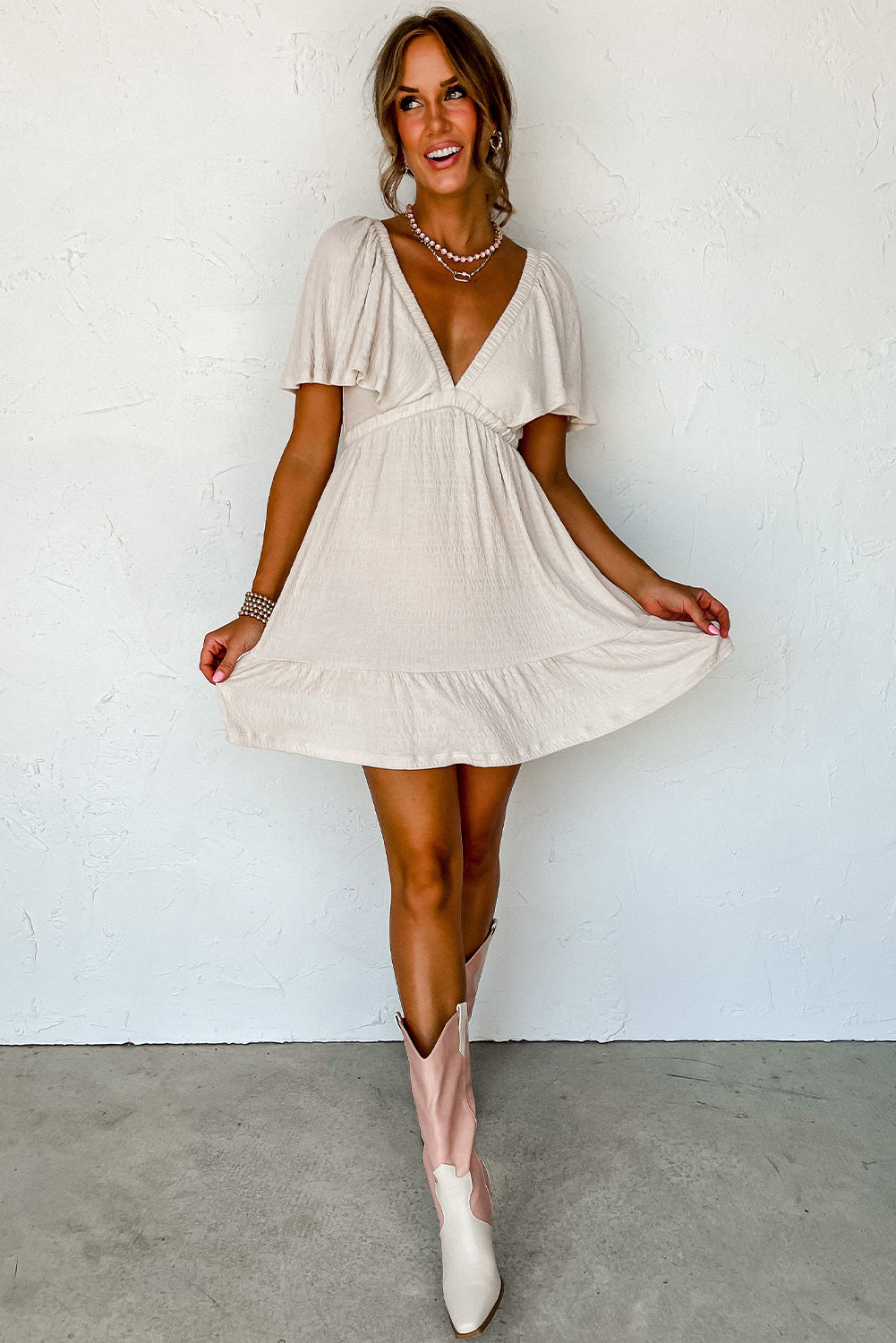 Beige Textured Deep V Neck Cutout Back Mini Dress Dresses JT's Designer Fashion