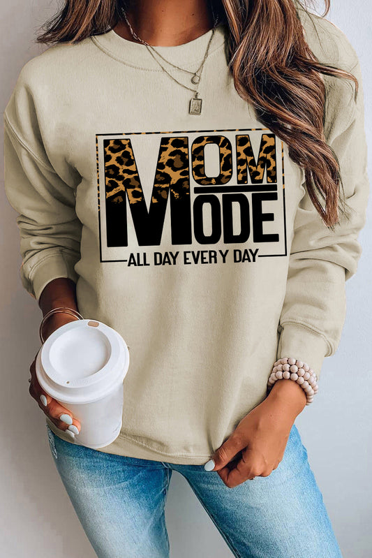 Khaki MOM MODE Leopard Print Long Sleeve Sweatshirt Khaki 70%Polyester+30%Cotton Graphic Sweatshirts JT's Designer Fashion