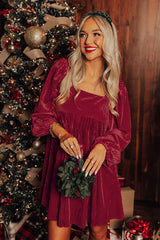 Red Tie Back Square Neck Velvet Babydoll Dress Dresses JT's Designer Fashion