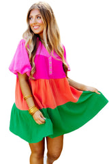 Multicolor Color Block Tiered Puff Sleeve Dress Mini Dresses JT's Designer Fashion