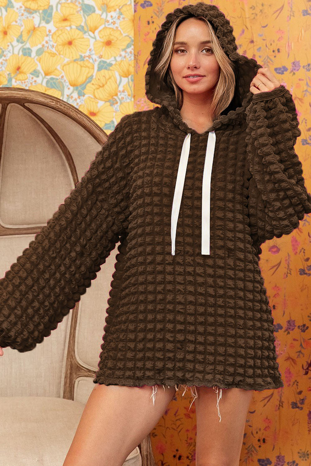 Dark Brown Bubble Textured Waffle Hoodie Sweatshirts & Hoodies JT's Designer Fashion