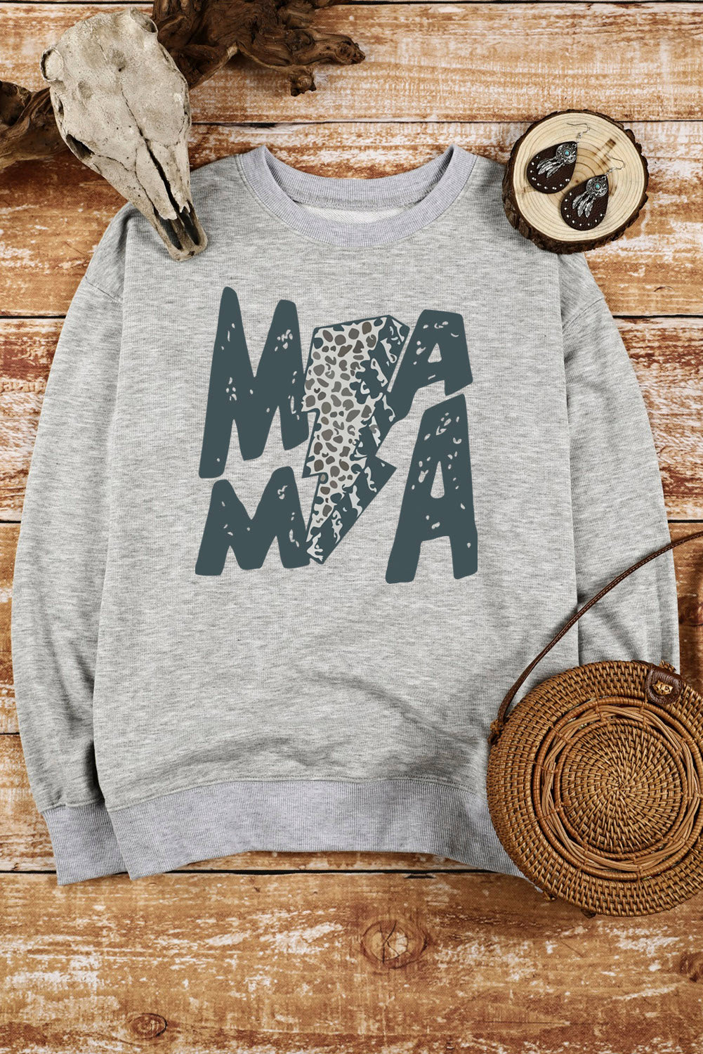Gray MAMA Lightning Leopard Print Long Sleeve Sweatshirt Graphic Sweatshirts JT's Designer Fashion