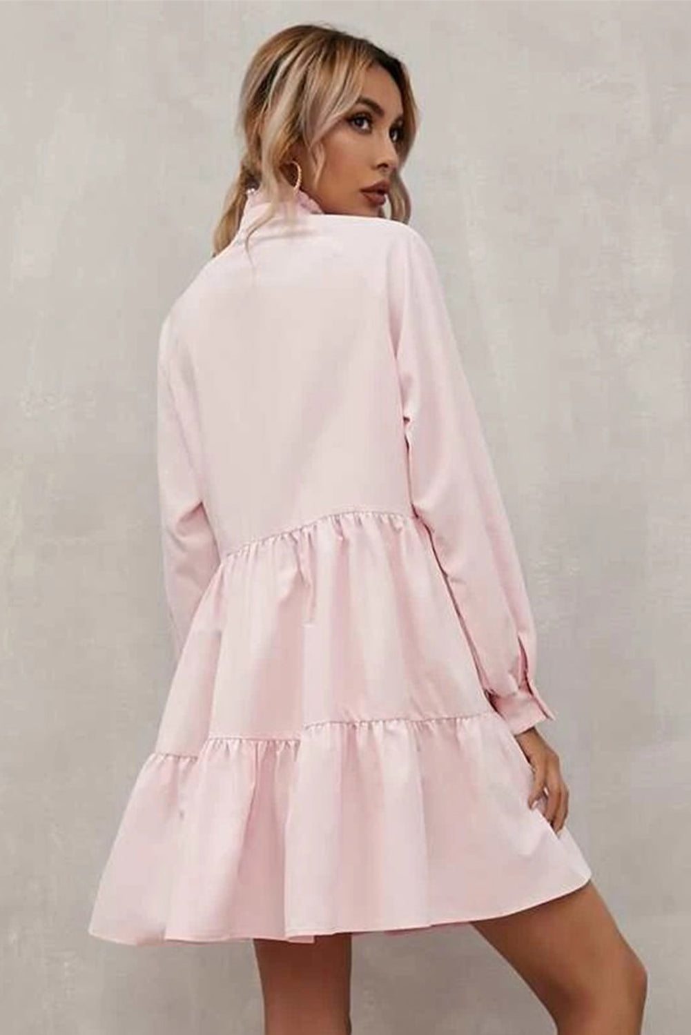 Pink Frilled Stand Collar Long Sleeve Ruffle Dress Mini Dresses JT's Designer Fashion