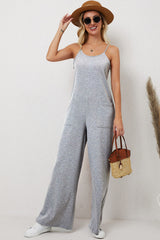 Gray Loose Fit Side Pockets Spaghetti Strap Wide Leg Jumpsuit Jumpsuits & Rompers JT's Designer Fashion