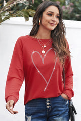 Fiery Red Rhinestone Heart Shaped Long Sleeve Sweatshirt Graphic Sweatshirts JT's Designer Fashion