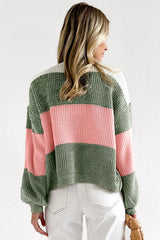 Green-2 Pink Colorblock Drop Shoulder Pullover Loose Sweater Sweaters & Cardigans JT's Designer Fashion