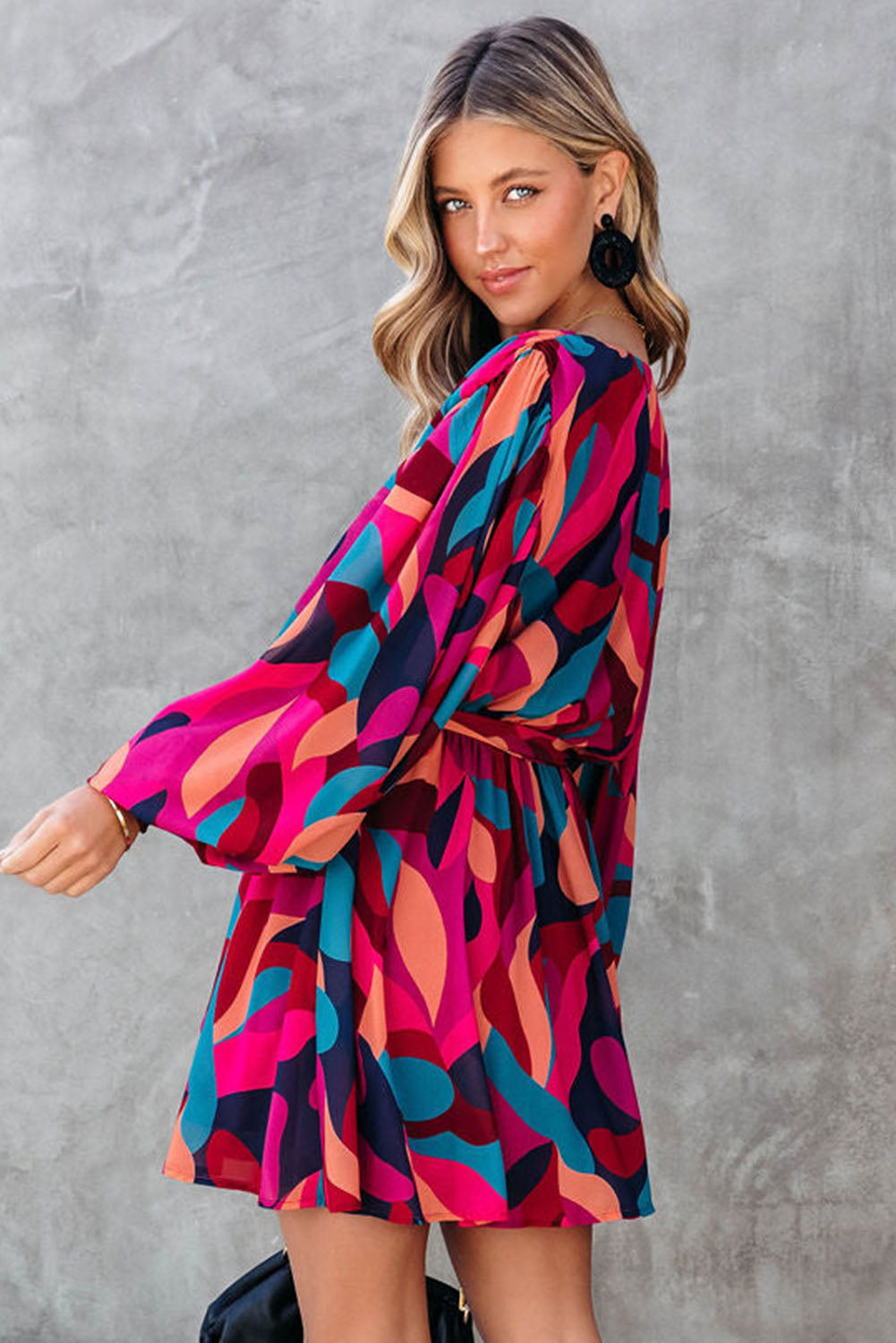 Red Abstract Printed Belted Puff Sleeve Mini Dress Mini Dresses JT's Designer Fashion
