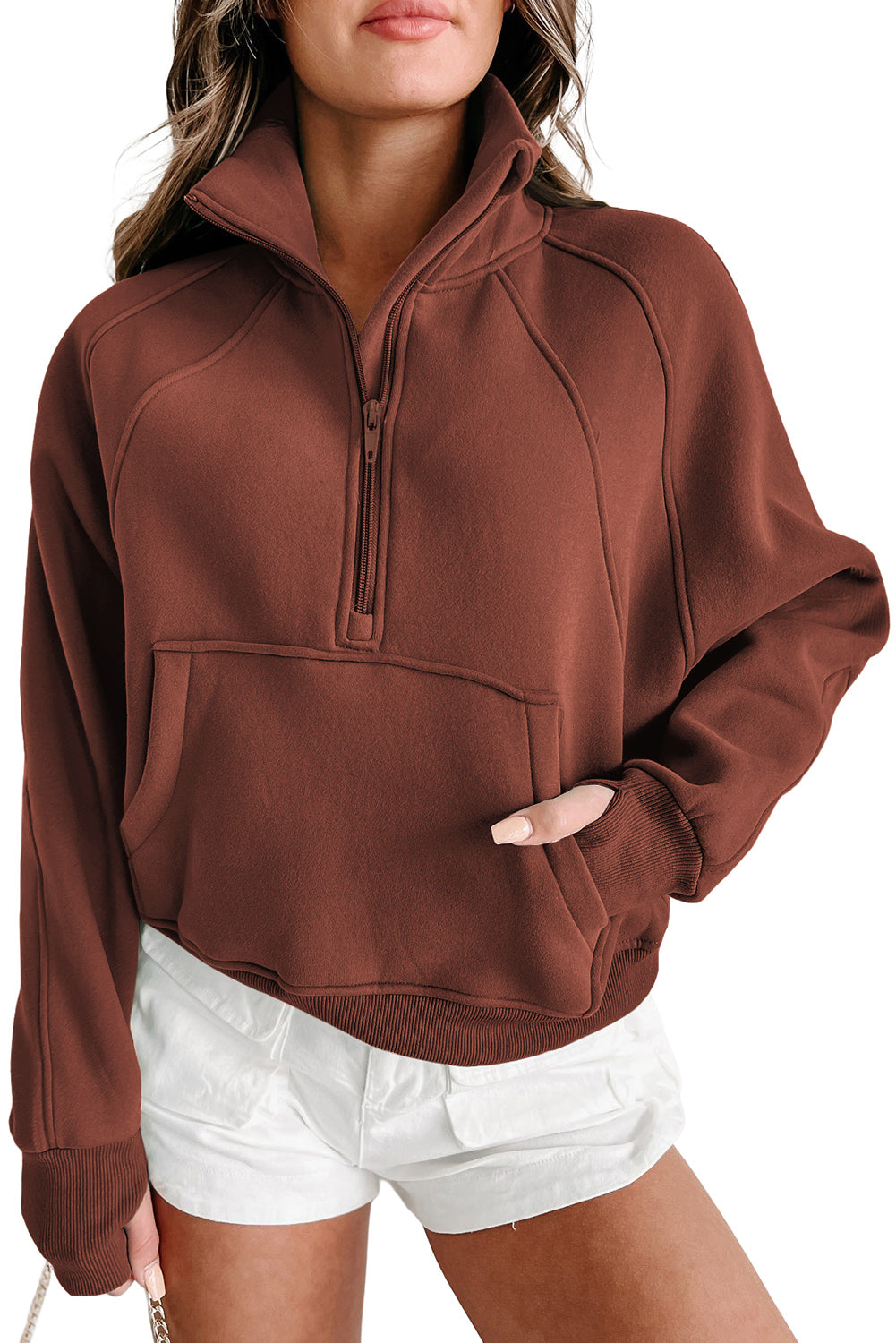 Brown Zip Up Stand Collar Ribbed Thumbhole Sleeve Sweatshirt Sweatshirts & Hoodies JT's Designer Fashion