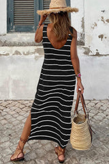 Black Stripe Print Open Back Sleeveless Long Dress with Slits Maxi Dresses JT's Designer Fashion