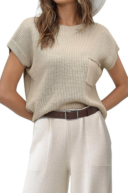 Apricot khaki Patch Pocket Loose Short Sleeve Sweater Sweaters & Cardigans JT's Designer Fashion