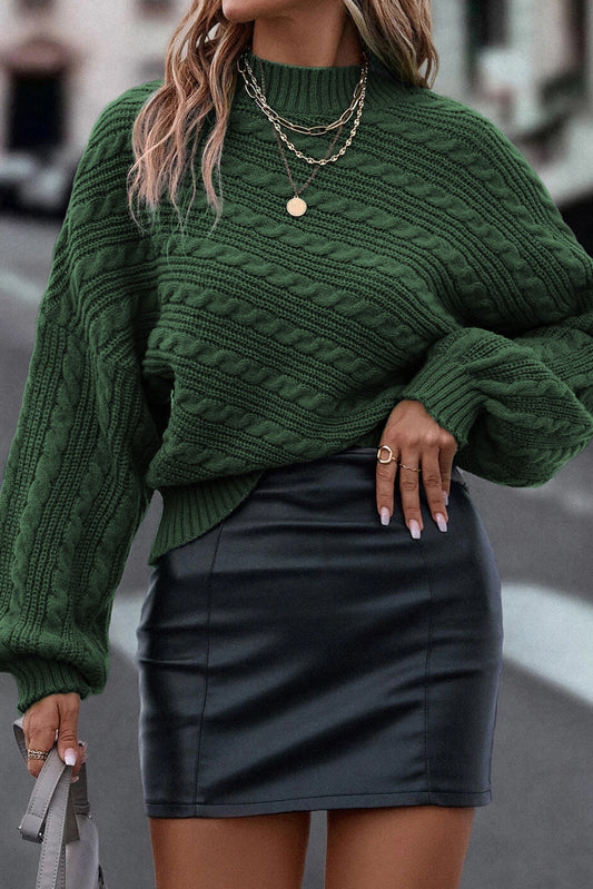 Blackish Green Mock Neck Lantern Sleeve Cable Knit Sweater Sweaters & Cardigans JT's Designer Fashion