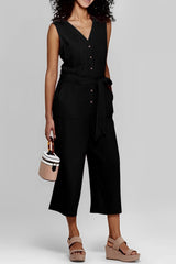 Black Buttoned Sleeveless Cropped Jumpsuit with Sash Jumpsuits & Rompers JT's Designer Fashion