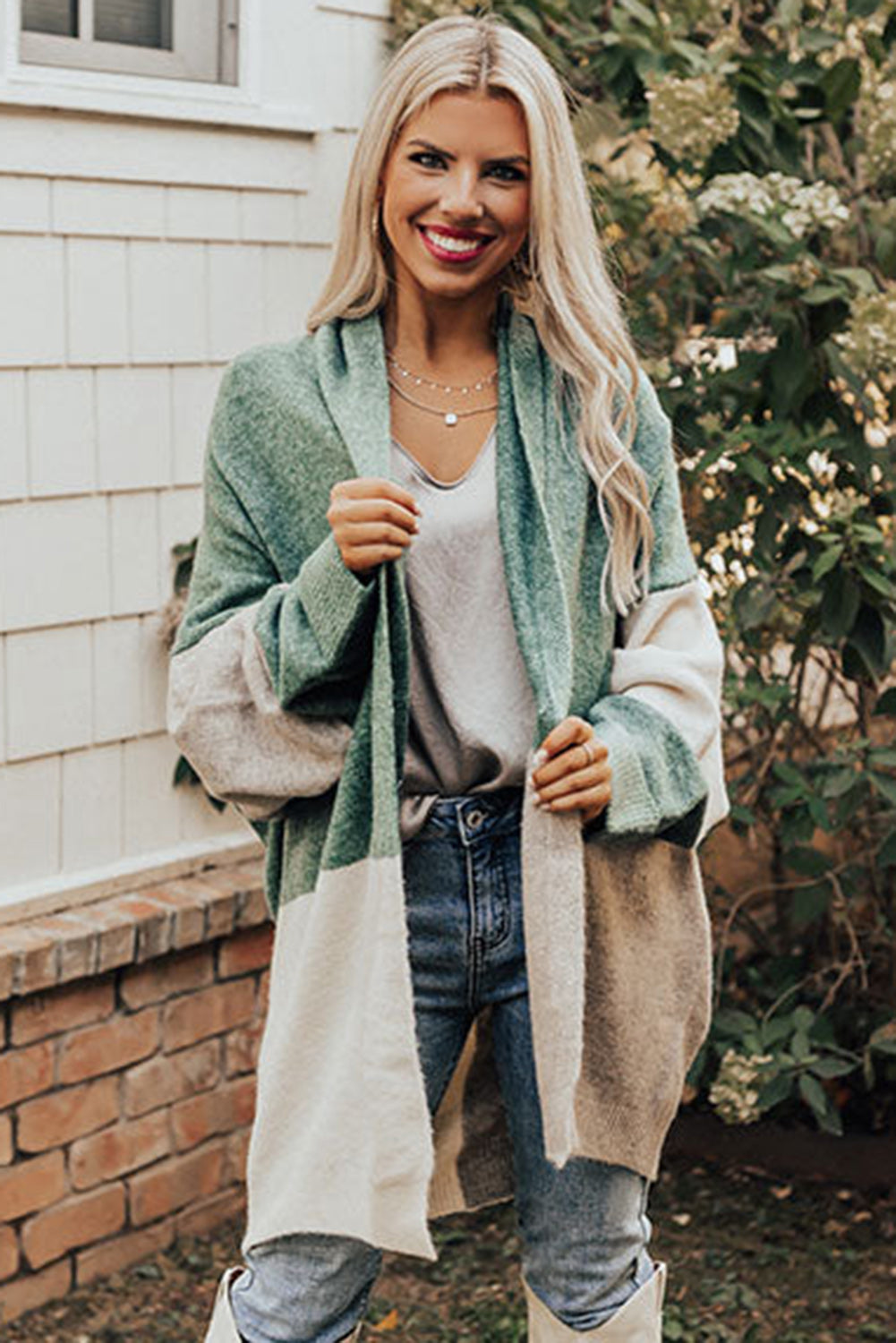 Green Colorblock Draped Open Front Chunky Cardigan Sweaters & Cardigans JT's Designer Fashion