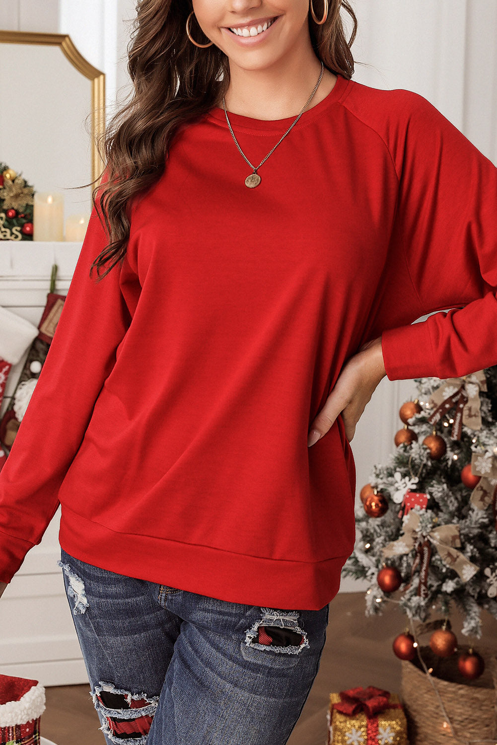 Red Solid Round Neck Raglan Sleeve Sweatshirt Sweatshirts & Hoodies JT's Designer Fashion