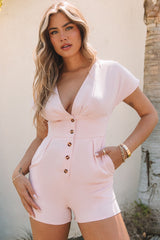 Pink Deep V Neck Buttoned High Waist Romper Pink 100%Polyester Jumpsuits & Rompers JT's Designer Fashion