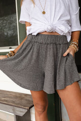 Gray Elastic Waist Loose Ruffle Shorts Bottoms JT's Designer Fashion