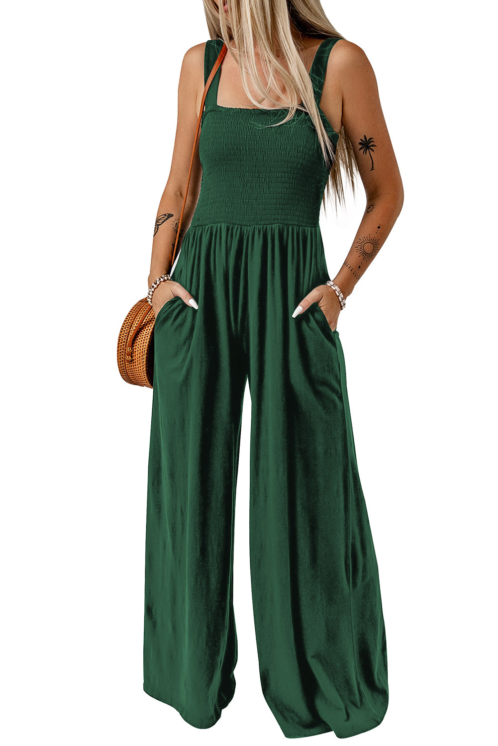 Green Smocked Sleeveless Wide Leg Jumpsuit with Pockets Jumpsuits & Rompers JT's Designer Fashion