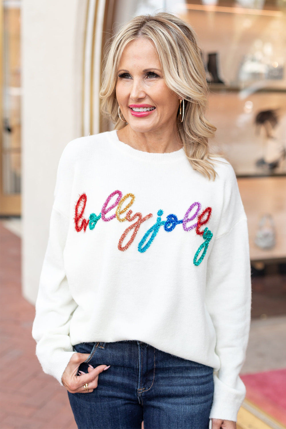 Bright White Holly Jolly Round Neck Casual Sweater Sweaters & Cardigans JT's Designer Fashion