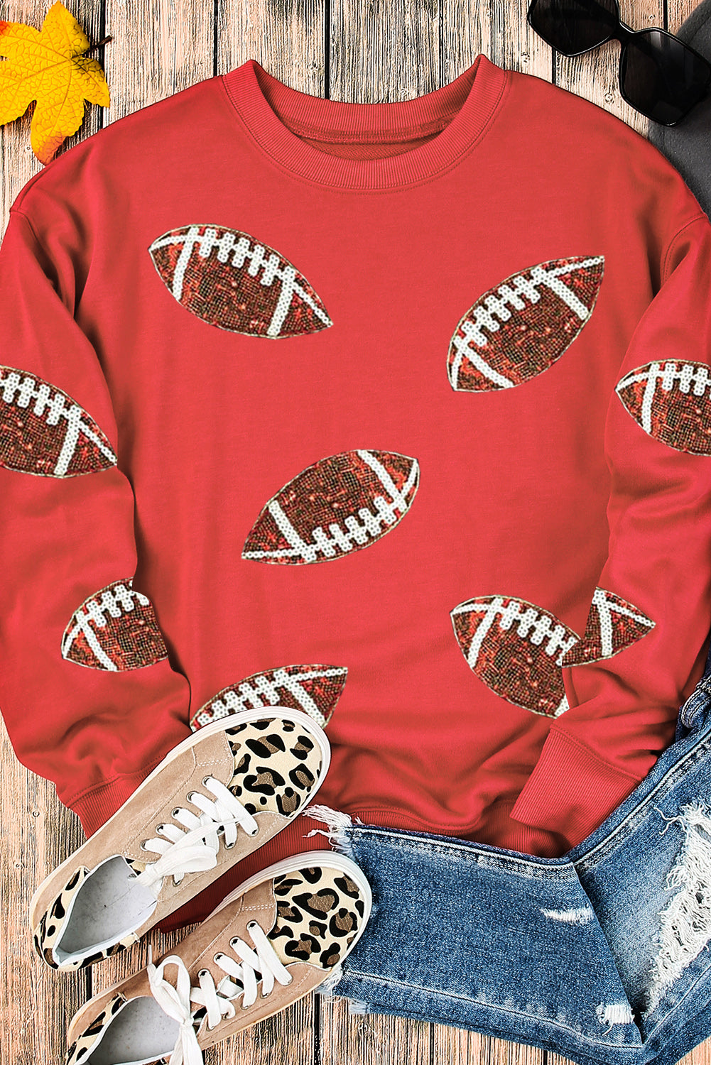 Red Sequined Rugby Graphic Drop Shoulder Sweatshirt Graphic Sweatshirts JT's Designer Fashion
