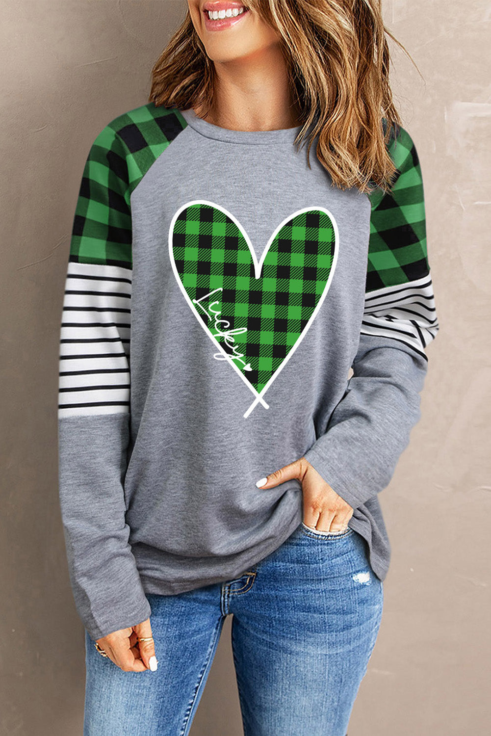 Green Lucky Plaid Heart Striped Color Block Long Sleeve Top Green 95%Polyester+5%Spandex Graphic Sweatshirts JT's Designer Fashion