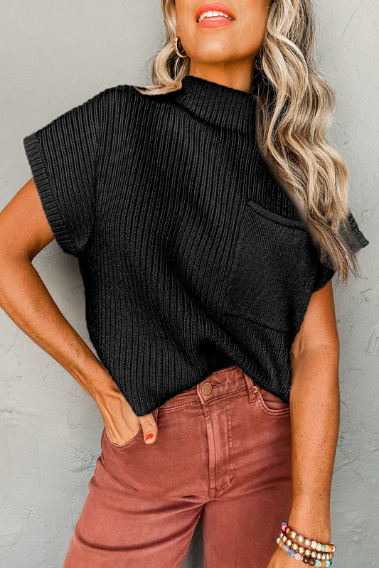 Black Patch Pocket Ribbed Knit Short Sleeve Sweater Sweaters & Cardigans JT's Designer Fashion