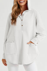 White Patchwork Side Pockets Oversized Henley Hoodie Sweatshirts & Hoodies JT's Designer Fashion