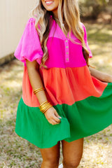 Multicolor Color Block Tiered Puff Sleeve Dress Mini Dresses JT's Designer Fashion