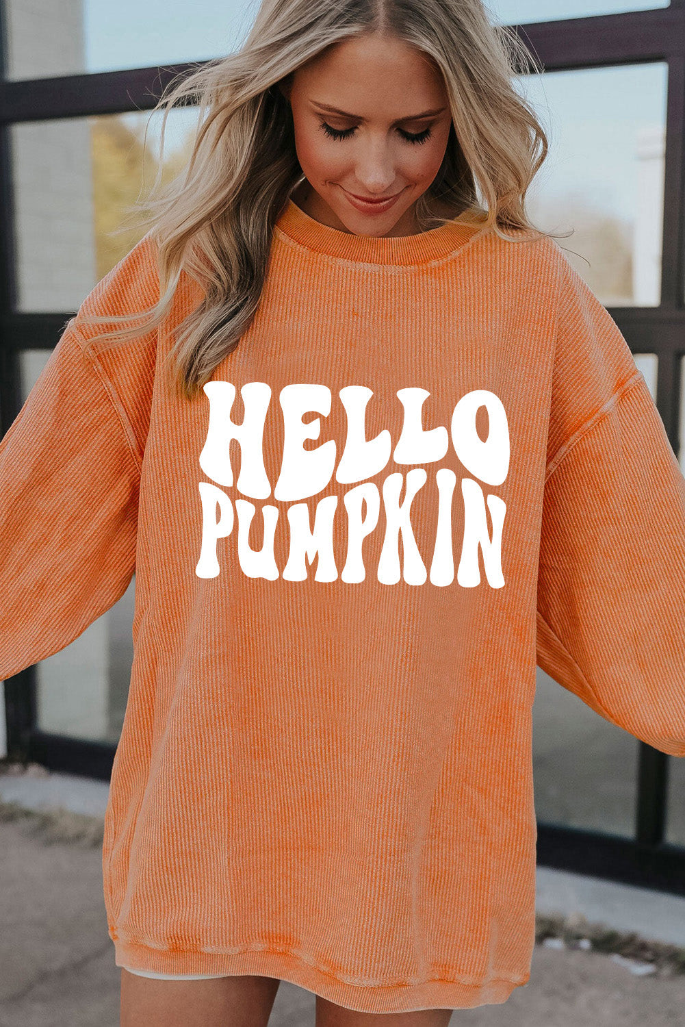 Orange HELLO PUMPKIN Letter Graphic Corded Sweatshirt Graphic Sweatshirts JT's Designer Fashion