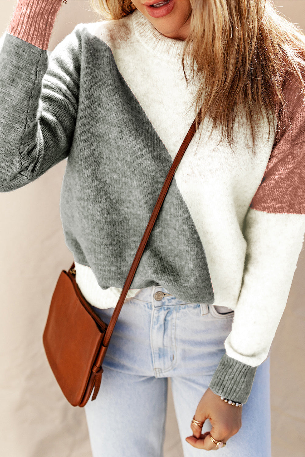Gray Multicolor Colorblock Ribbed Trim Round Neck Sweater Sweaters & Cardigans JT's Designer Fashion