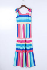 Multicolor Color Block Striped Bow Knot Straps Long Dress Maxi Dresses JT's Designer Fashion
