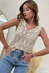 Apricot V Neck Textured Hollow-out Sweater Vest Sweaters & Cardigans JT's Designer Fashion