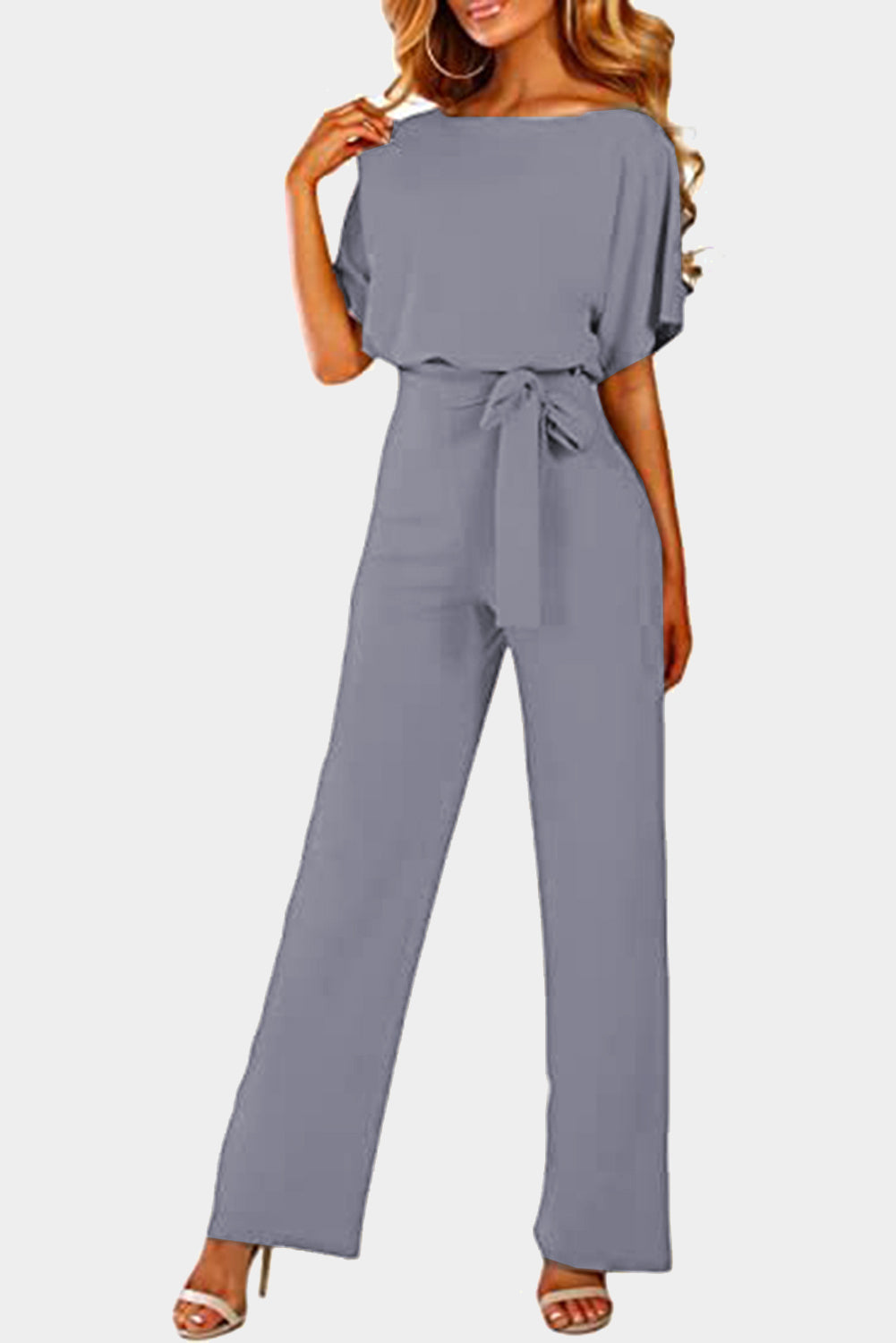 Gray Oh So Glam Belted Wide Leg Jumpsuit Gray 95%Polyester+5%Spandex Jumpsuits & Rompers JT's Designer Fashion