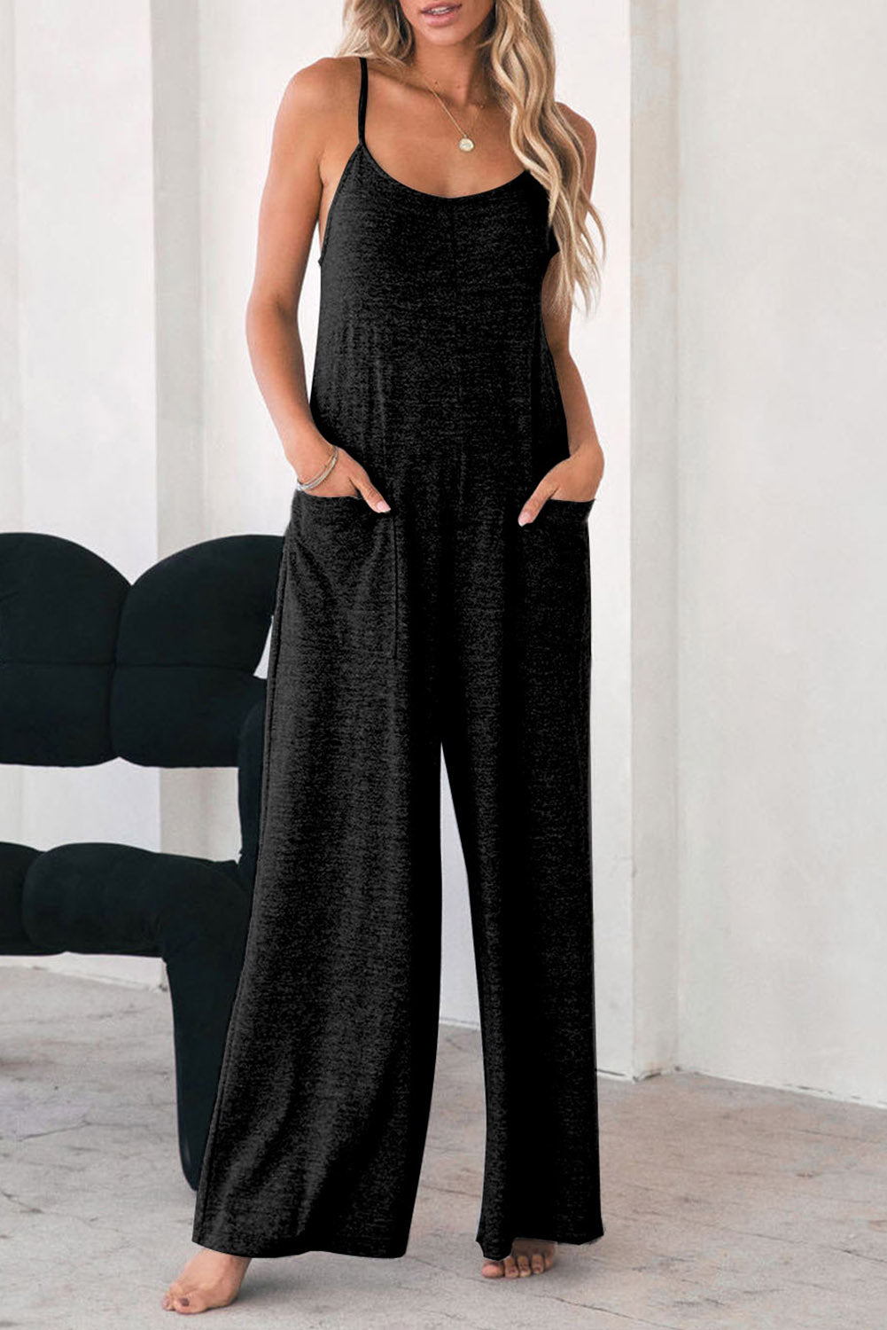 Black Loose Fit Side Pockets Spaghetti Strap Wide Leg Jumpsuit Black 65%Polyester+30%Cotton+5%Elastane Jumpsuits & Rompers JT's Designer Fashion