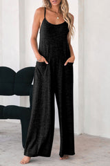 Black Loose Fit Side Pockets Spaghetti Strap Wide Leg Jumpsuit Black 65%Polyester+30%Cotton+5%Elastane Jumpsuits & Rompers JT's Designer Fashion