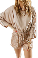 Khaki Sequin Patchwork Drawstring High Waist Romper Jumpsuits & Rompers JT's Designer Fashion