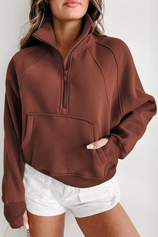 Brown Zip Up Stand Collar Ribbed Thumbhole Sleeve Sweatshirt Sweatshirts & Hoodies JT's Designer Fashion