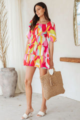 Multicolor Geometric Print Smocked Babydoll Mini Dress Mini Dresses JT's Designer Fashion